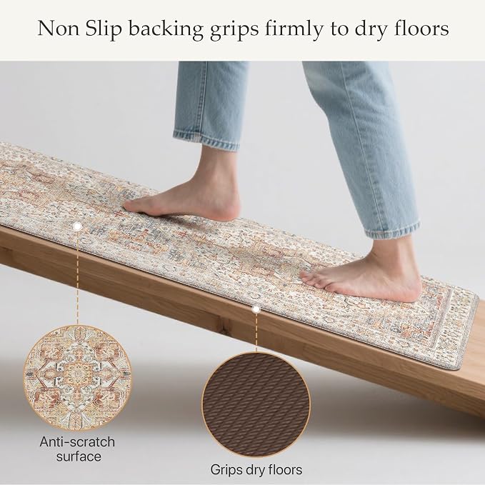 GENIMO Kitchen Mats for Floor, 2PCS Kitchen Rugs Non Slip Washable, Waterproof Anti Fatigue Mat, Comfort Standing Runner Rug for Sink, Office, Laundry, Home, 17.3"x59"+17.3"x30", Orange&Brown