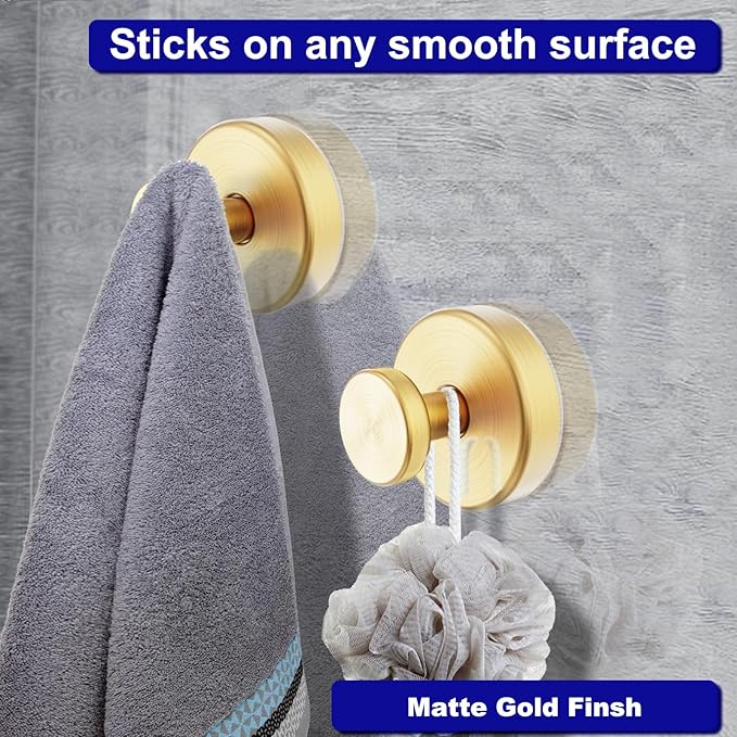 Bntuk Suction Cup Hooks for Shower, Removable Towel Hooks for Bathroom Window Glass Door Wall, Bath Robe Looafh Hook for Hanging - 4 Pack, Gold