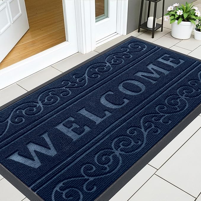 OLANLY Welcome Door Mat Indoor Outdoor Entrance, Heavy Duty Sturdy Front Door Mat, Waterproof All-Weather Doormat, Stain Resistant, Low Profile, Easy Clean Patio Entryway Mat, 47 x 24, Navy Blue