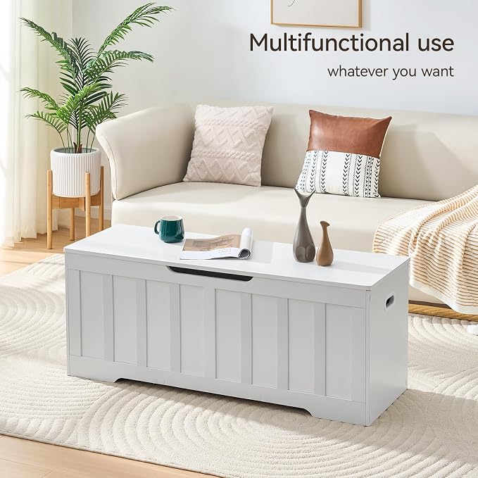 VANKILEY 47.2" Storage Chest Extra Large,Storage Trunk with 2 Safety Hinges,Wooden Storage Bench,Shoe Bench,47.2x15.7x19.1 Inch,Easy Assembly,Storage Bench for Bedroom,Living Room,entryway(White).