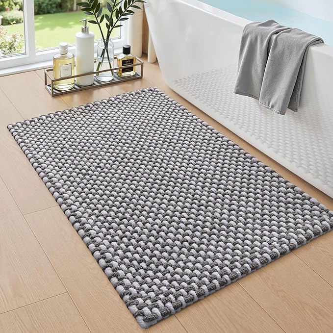 DEXI Bathroom Rugs 32x20, Non Slip Washable Bath Mat, Absorbent Chenille Bathmat, Ultra Soft Thick Carpet for Tub Shower Floor, Grey and White