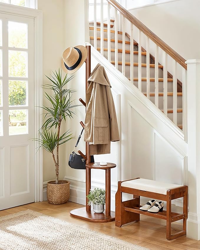 Pipishell Coat Rack, Freestanding Hall Tree with 8 Hooks & Storage Shelf, Solid Wood Base, 66.3″ Tall Coat Rack Stand for Coats, Hats, Bag in Entryway, Bedroom, Living Room, Brown