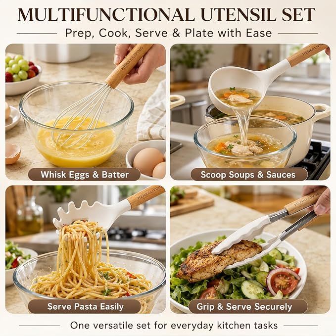Silicone 10 Pcs Kitchen Cooking Utensils Set, Recycled Materials Certification, BPA Free Spatula Set with Heat Resistant Wood Handles for Nonstick Cookware, Cream White
