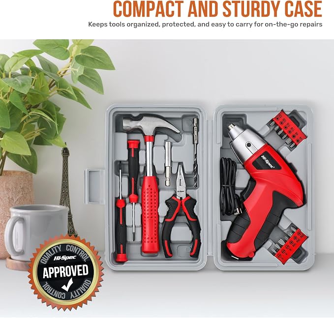 Hi-Spec 19pc 3.6V USB Small Power Screwdriver & Home DIY Tool Kit Set. Cordless & Rechargeable Electric Screwdriver and Compact Hand Tool Box Set,Red