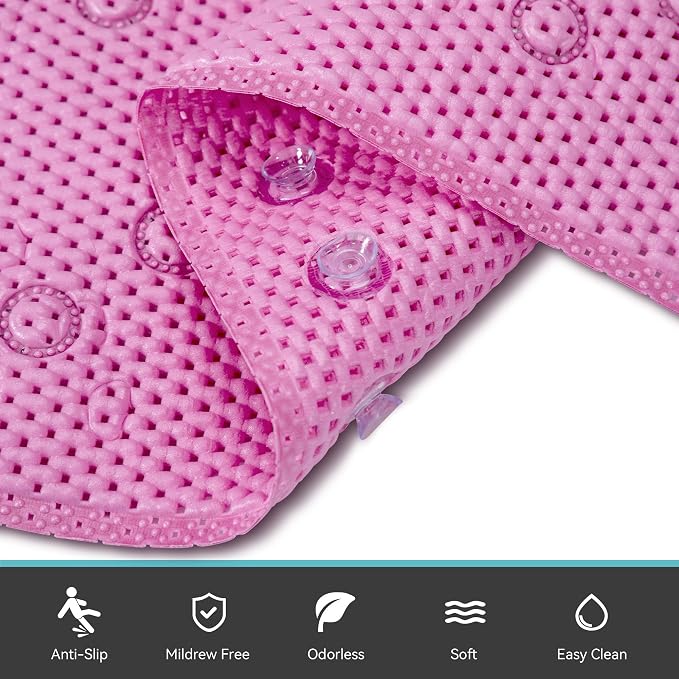 Bathtub Mat Non Slip 36” X 17” Pink Shower Mat Soft Foam Bath Mats for Bathroom Tub, Bathtub Mat with Drain Holes, Suction Cups, Shower Mat Non Slip