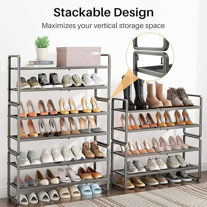SNTD Shoe Rack - Expandable Shoe Organizer for Closet, Adjustable Metal Shoe Shelf Storage, Stackable Long Shoe Stand Holder for Garage, Entryway, Door Entrance (Grey, 4-Tier)