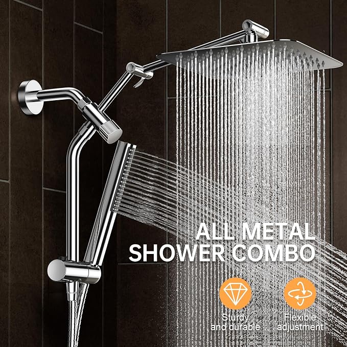 Veken All Metal 10" Shower Head with Handheld, Luxurious Square Double Rain Shower Heads with Spray Combo, Dual High Pressure Detachable Rainfall Showerhead with Extension Arm, Long Hose,Chrome,Sliver