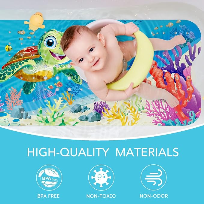 SHUCHING Baby Bath Mat for Tub Non Slip-40 X 16 Inch, Bathtub Mat Non Slip for Kids, Toddler Long Shower Mat for Bathroom, Sea Turtle