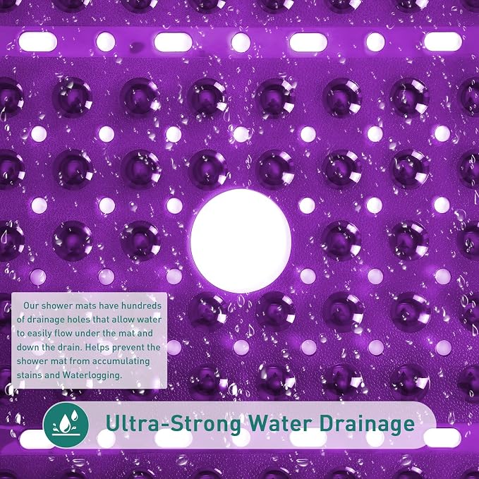 Large Square Shower Mat 27 x 27 Inch Clear Purple, Non Slip Shower Bathtub Mats for Inside Shower With Big Suction Cups Drain Holes, Anti Slip Bathroom Floor Stall Mats, Easy Clean, BPA-Free