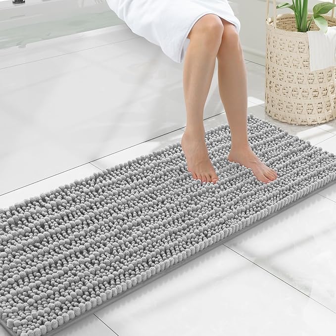 Smiry Bathroom Rugs Mat 47x17, Extra Soft Absorbent Chenille Bath Rugs, Non Slip Rubber Backing Machine Washable Quick Dry Bath Mats for Bathroom Floor, Tub, Shower, Home Decor Accessories, Light Grey