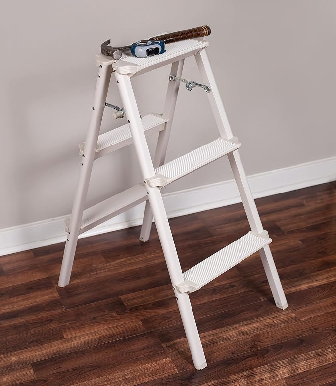 BIRDROCK HOME 3 Step Compact Steel Step Ladder - Sturdy Thin Folding Stool - Anti-Slip Steps - Great for Your Kitchen, Pantry, Closets, or Home Office - Indoor Stool - Silver