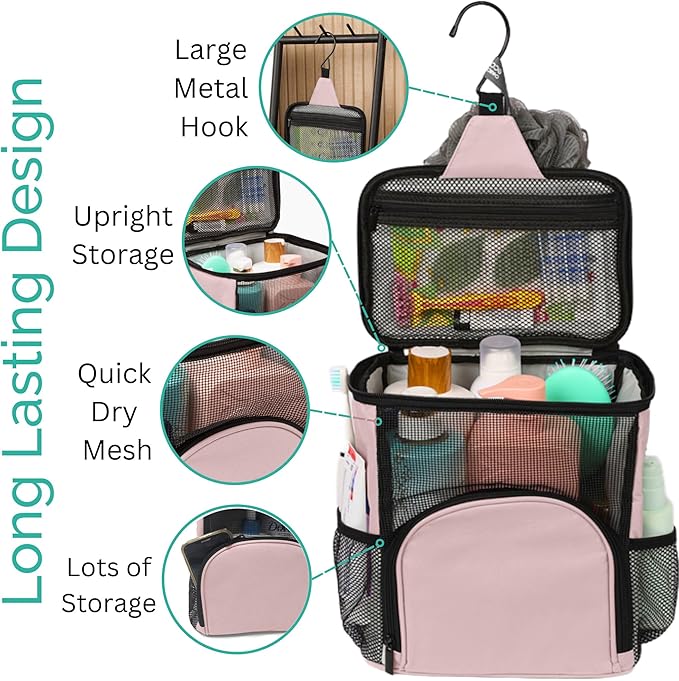 TERRA HOME College Dorm Room Essentials for Girls - Original Shower Caddy Dorm - Portable, Durable, Roomy, Foldable Water Resistant Shower Bag in Light Pink with Metal Hook for Hanging (Blush Pink)