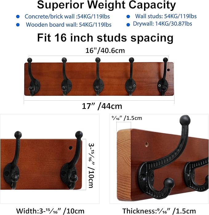 WEBI Rustic Coat Rack Wall Mount,5 Cast Iron Coat Hooks Wall Mounted,Heavy Duty Wood Wall Coat Hanger Hooks for Hanging Coats,Jacket,Clothes,Backpack,Farmhouse,Cherry