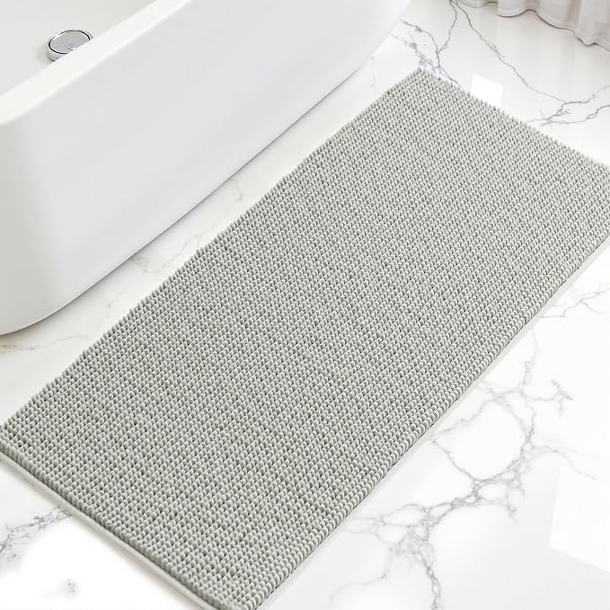 SUBRTEX Bathroom Rugs, 24" x 55" Chenille Bath Rug Soft Short Plush Bath Mat Soft Shower Mat Water Absorbent Shower Mat Quick Dry Machine Washable, Light Gray