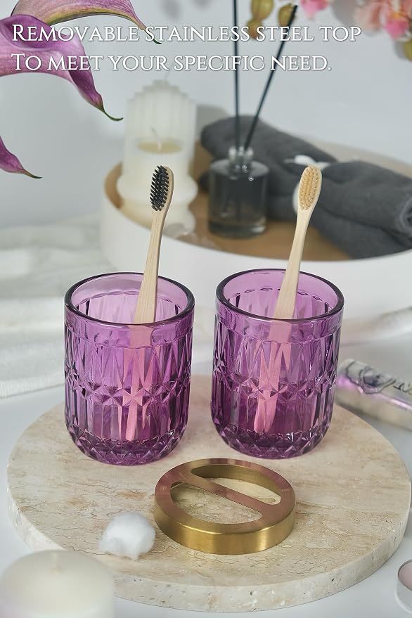 LaMrriti Purple Bathroom Accessories Set 5 Pcs, Glass Bathroom Set, Soap Dispenser and Toothbrush Holder Set, Q-tip Holder Set, Crystal Glass Vintage Bathroom Sink Set, Cute Bathroom Decor