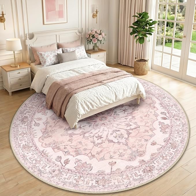 RELEANY Area Rugs Round 10ft Washable Non-Slip, Floral Vintage Distress Medallion Carpet for Living Room Bedroom Dining Room, Pink Greypink Cute
