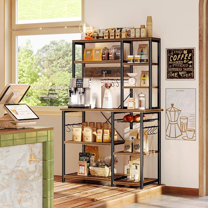 SUPERJARE Large Bakers Rack with Power Outlets, 6-Tier Microwave Stand, Coffee Bar with 12 S-Shaped Hooks, Kitchen Shelf with Wire Basket, 39.4 x 14.6 x 66.9 Inches, Rustic Brown