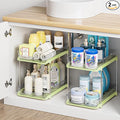 Delamu 2-Tier Multi-Purpose Bathroom Under Sink Organizers and Storage, Stackable Kitchen Pantry Organization, Pull Out Medicine Cabinet Organizer with Movable Dividers, Green, 2 Pack