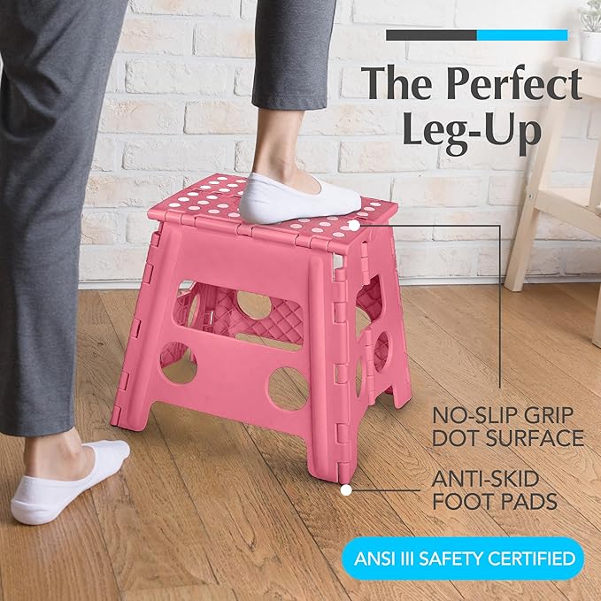 Handy Laundry Folding Lightweight Step Stool - Sturdy Enough to Support Adults - Opens Easy with One Flip - Great for Kitchen, Bathroom or Bedroom (Pink - 13 Inch)