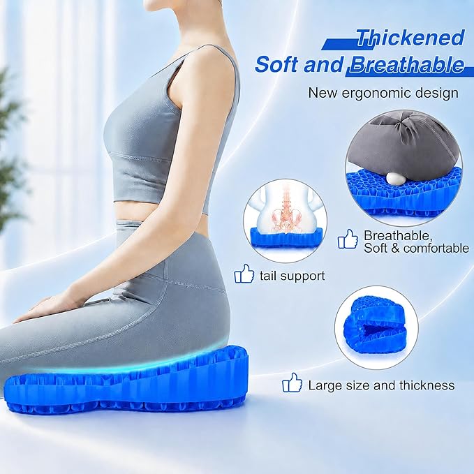 Thicken 19.7in Seat Cushion, Gel Seat Cushion for Long Sitting–Office Chair, Wheelchair, Car Cushion, Large Cooling Pad for Back Pain, Sciatica, Tailbone Pain Relief
