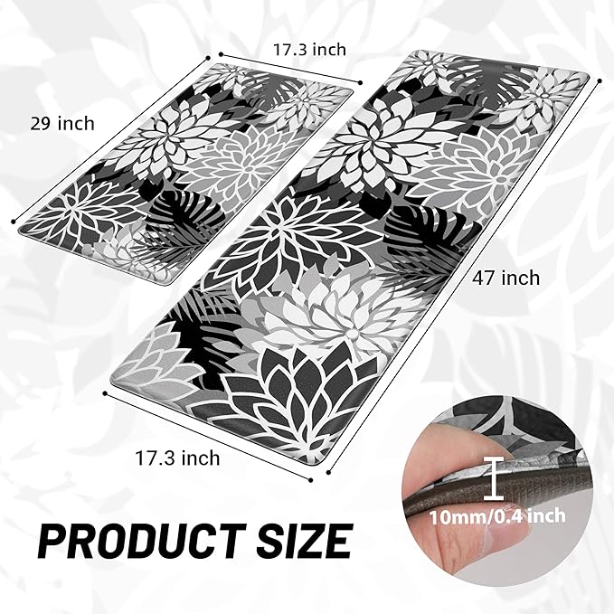Arenarug Kitchen Mats for Floor 2PCS Cushioned Anti Fatigue Kitchen Mats Waterproof Non Slip Kitchen Mat Rug Set Comfort Foam Standing Mat for Sink, Laundry, Office, Black White