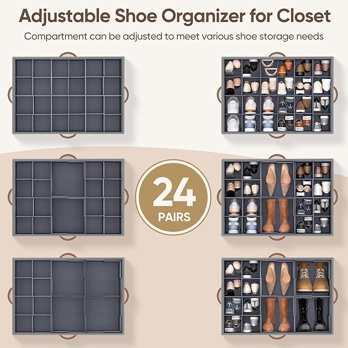 Shoe Organizer for Closet, 1 Pack Shoe Storage Container with Adjustable Dividers, Space Saving Shoe Box Storage Organizer Bin with Clear Lid and 4 Handles, Fits 12-24 Pairs, Beige & Grey