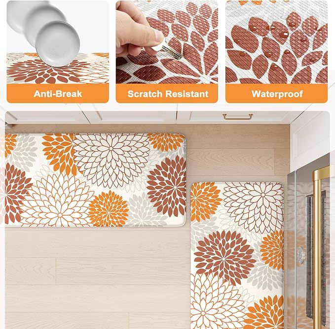 KIMODE Kitchen Mats for Floor Anti Fatigue, 17"x47"+17"x29" Dahlia Floral Kitchen Floor Mats,Farmhouse Kitchen Rugs Non Slip Cushioned, Comfort Standing Desk Mat for Sink, Laundry, Desk Orange