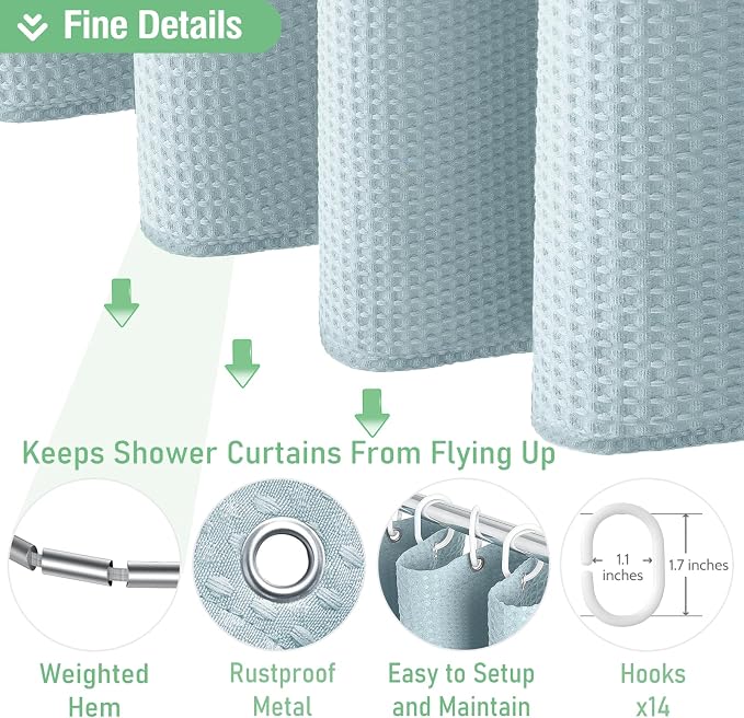 Dynamene Extra Wide Shower Curtain - 84 Inch Wide Waffle Weave Weighted Thick Cloth Bathroom Shower Curtain, Neutral Heavy Duty Hotel Bath Curtain Set with 14 Plastic Hooks, 84x72, Fog Blue