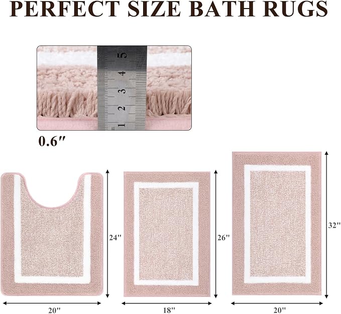 Pauwer Bathroom Rugs Sets 3 Piece Bathroom Shower Rugs with U-Shaped Contour Toilet Mat Absorbent Microfiber Plush Bath Mats Non Slip Bath Rugs Machine Washable Shaggy Bathroom Floor Mats, Dusty Pink