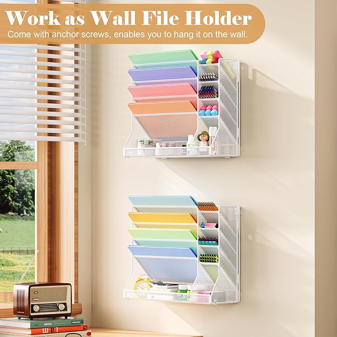 Jakyitvi Wall File Organizer, 5-Tier Hanging Wall File Organizer with R-shaped Bottom Tray, Desk Organizer with 4 Tiers Durable Adjustable Metal & 4 Pen Slots Stable, Wall Organizer for Office, White