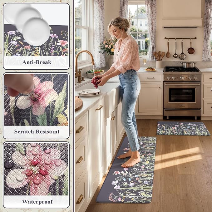 KIMODE Anti Fatigue Kitchen Mat, Farmhouse Floral Kitchen Rugs, Kitchen Floor Mats Non-Slip,Comfort Kitchen Mats for Floor Sink, Laundry, Office, Desk Dark Grey/Purple 17"x47"+17"x29"
