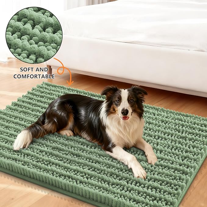 Smiry Dog Door Mat for Muddy Paws 36x24, Absorbent Dirt Trapper, Non-Slip Washable Chenille Entryway Rug for Inside Floor, Olive Green, Layered Pattern