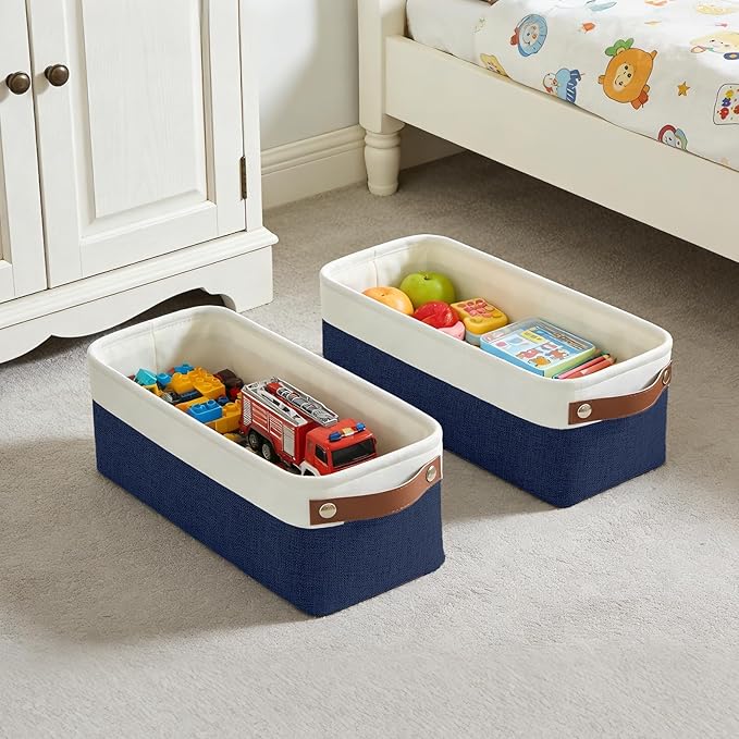 Bagnizer Small Fabric Storage Baskets, 15x6x5 inch Narrow Storage Bins 4-Pack Long Storage Basket for Organizing with Handles, Decorative Basket for Closets, Shelves, Toilet Paper, Navyblue