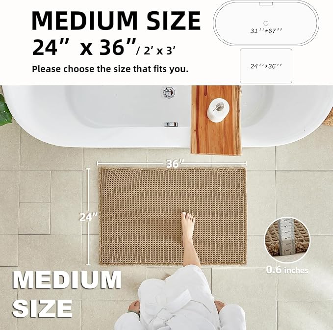 TYUU Waffle Bath Mat, Boho Bathroom Rugs Non Slip Washable Super Absorbent Quick Dry Farmhouse Bathroom Decor, 36"x24" / 3' x 2' Khaki