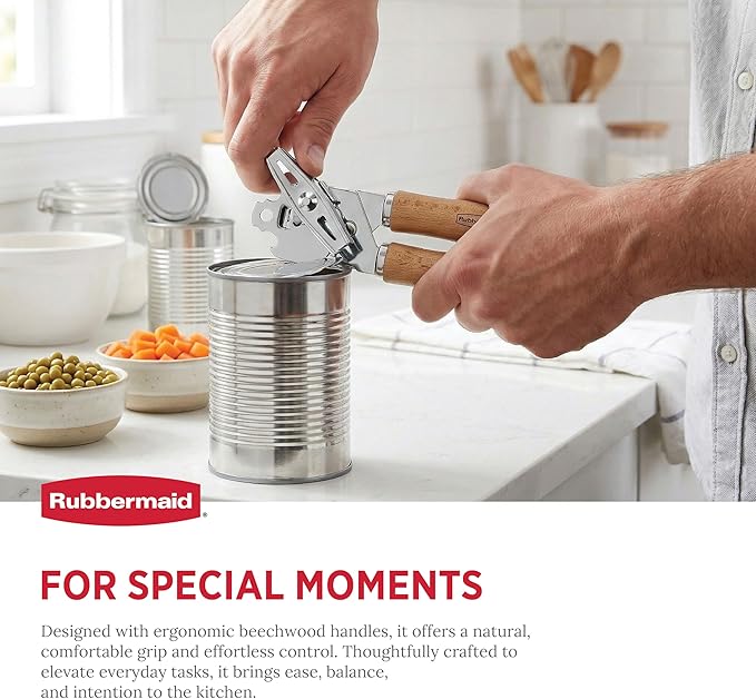 Rubbermaid Heavy Duty Can Opener Manual, Hand-Held Can Opener with Stainless Steel Cutting Wheel - Jar Opener | Solid Beechwood Handles, Kitchen Appliances | Beechwood & Stainless Steel Collection