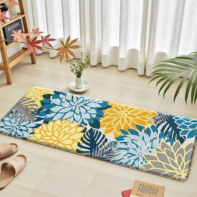 Arenarug Kitchen Mats for Floor 2PCS Cushioned Anti Fatigue Kitchen Mats Waterproof Non Slip Kitchen Rug Set Foam Standing Mat for Sink, Laundry, Office, 17.3" x 28" + 17.3" x 59", Yellow Teal