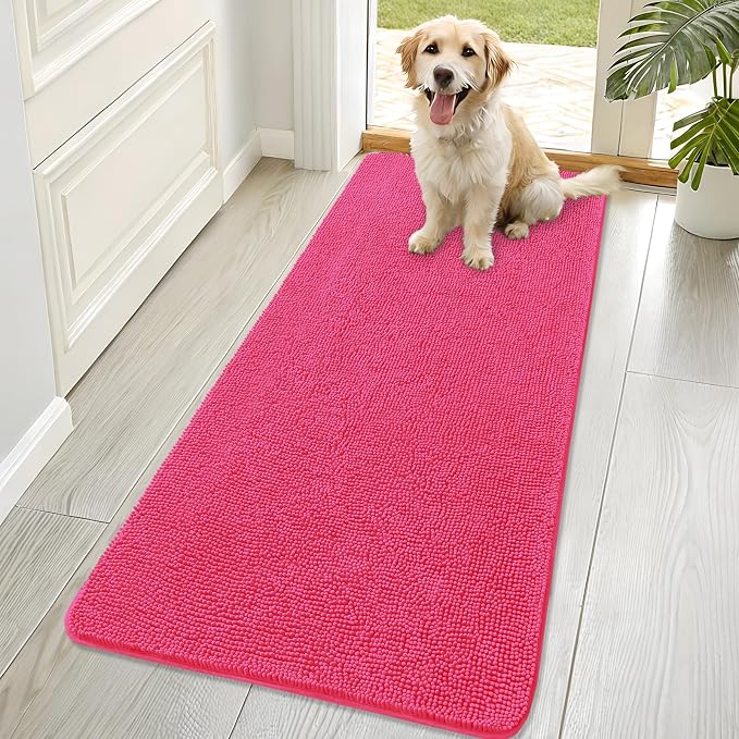 OLANLY Dog Door Mat for Muddy Paws 70x32, Absorbs Moisture and Dirt, Absorbent Non-Slip Washable Doormat, Quick Dry Chenille Mud Mat for Dogs, Entry Indoor Entryway Carpet for Inside Floor, Hot Pink