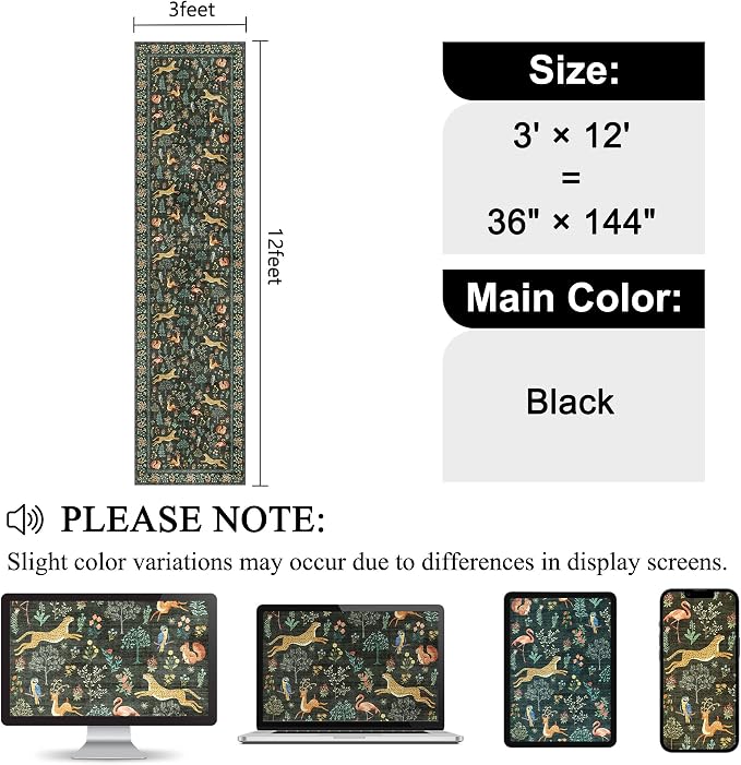 DUKINO 3x12 Runner Rug, Non Slip Animal Print Runner Rug for Hallway, Vintage Low Pile & Stain Resistant Soft Indoor Long Carpet Runner for Kitchen, Bathroom, Laundry, Bedroom, Black