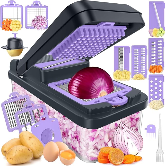 SpaceHacks 12-in-1 Vegetable Chopper, Kitchen Gadgets with 7 Blades, Veggie, Food, Onion Chopper, Cucumber Slicer, Versatile Mandoline, Includes Egg Separator & Finger Guard, Purple
