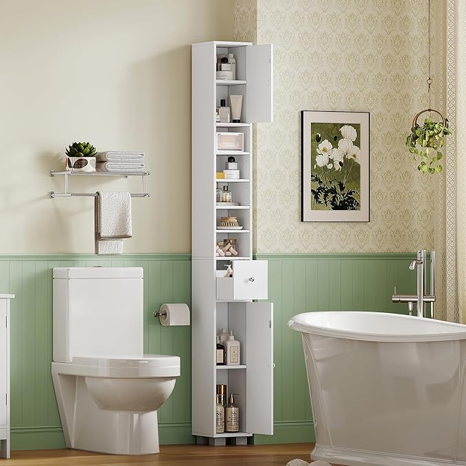 TEENFON Bathroom Cabinet, Narrow Bathroom Storage Cabinet with 5 Adjustable Shelves & Drawer, Freestanding Cupboard for Small Spaces, White