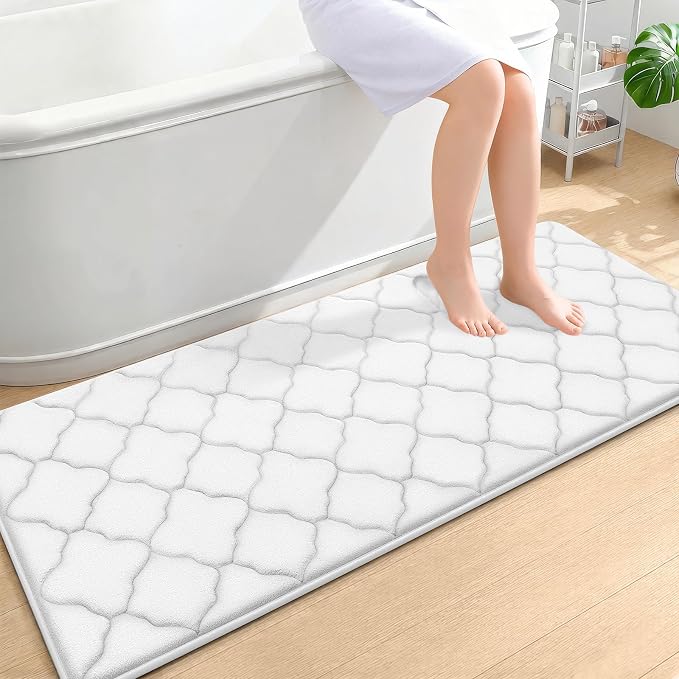 OLANLY Memory Foam Bath Mat Rug 59x24, Ultra Soft and Absorbent Bathroom Rugs, Non-Slip, Comfortable, Machine Washable Bath Carpet for Bathroom Floor, Tub, Shower and Home Decor Accessories, White