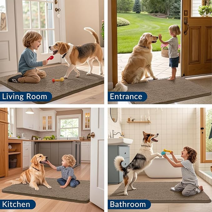 Smiry Dog Door Mat for Muddy Paws 30x20, Absorbent Dirt Trapper, Non-Slip Washable Chenille Entryway Rug for Inside Floor, Camel, Classic Solid