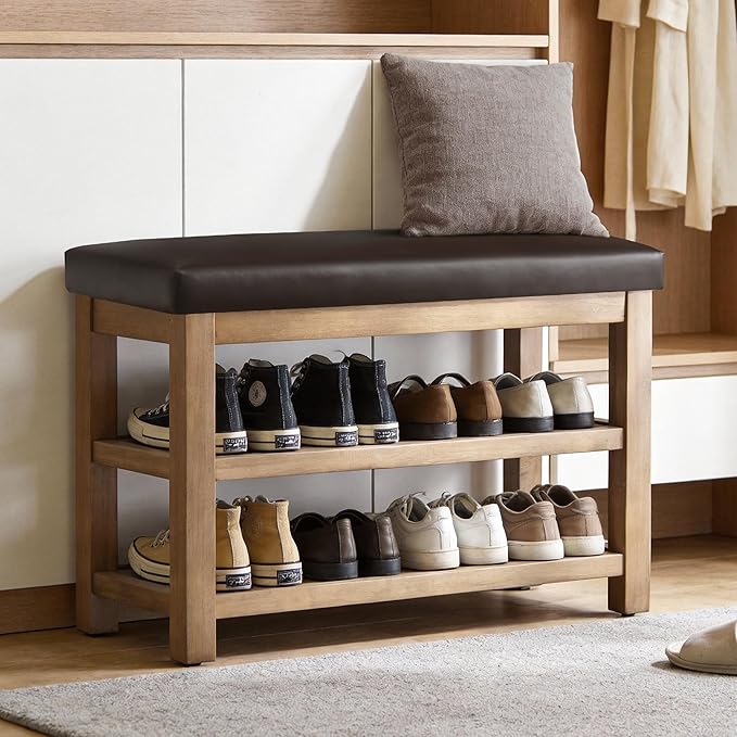 Zihanhome Shoe Rack Bench with Leather Cushion, 2 Tier Solid Wood Storage Bench, Mid-Century Modern Shoe Bench for Entryway, Hallway, Closet, Front Door Entrance, Foyer (Dark Brown, 31.5)