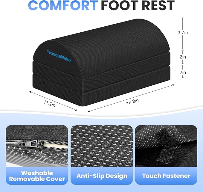 TranquilRelax Foot Rest for Under Desk at Work, Gaming Accessories Foot Stool with 3 Adjustable Heights & Washable Cover, Comfortable Office Desk Accessories, Footrest for Office, Home and Car (Black)