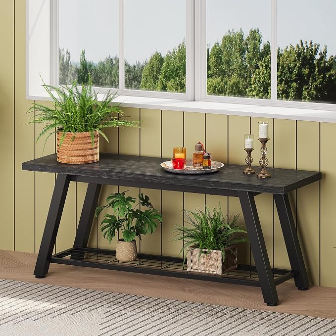 Oastreeful Industrial Entryway Bench Rustic Wood and Metal Storage Bench for Indoor Living Dining Room Bedroom Long Shoe Benches Seat (Charcoal Black)