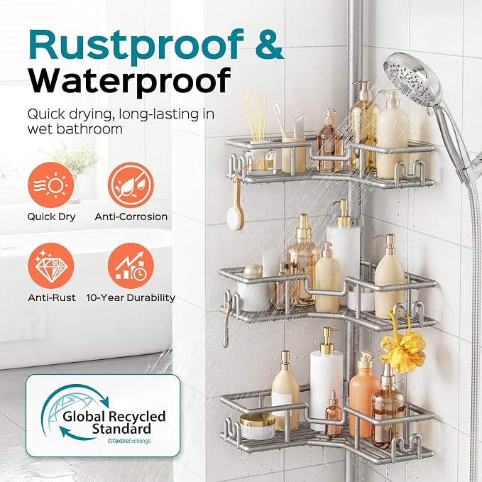 HAMITOR L-Shaped Corner Shower Shelves: 4-Tier Tension Pole Bathroom Caddy - No Drilling Rustproof Metal Bathtub Organizer - Standing Adjustable Apartment Essentials Rack for Renters 47-123 Inch
