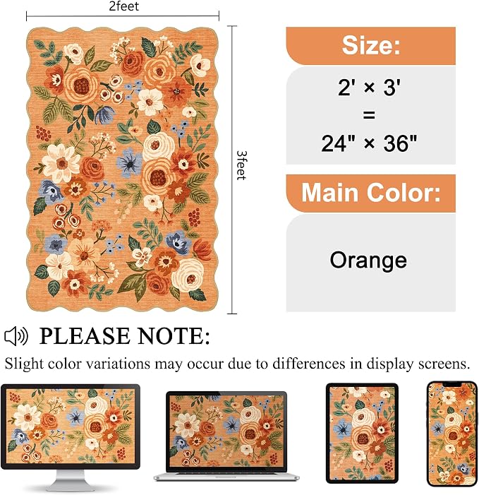 DUKINO 2x3 Entryway Rug, Floral Washable Indoor Door Mat with Non-Slip Backing, Soft Low Pile Small Front Door Throw Rugs for Entryway, Kitchen, Bedroom, Laundry, Bathroom, Orange