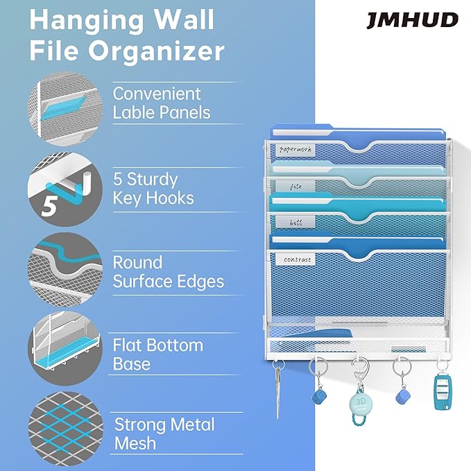 5 Tier Wall File Organizer - Hanging File Organizer with 5 Hooks, Mail Holder Wall Mounted for Papers, Folders, Magazines, Bills, Office&School Organization, White