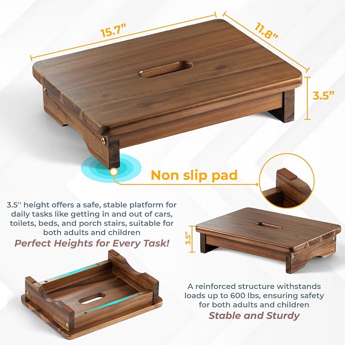 FANATU Wooden Step Stool, One Step Stool for Adults, Bedside Wooden Stool with 550lbs Capacity, Portable & Non-Slip Heavy Duty Design (Rich Walnut, 3.5in Height)