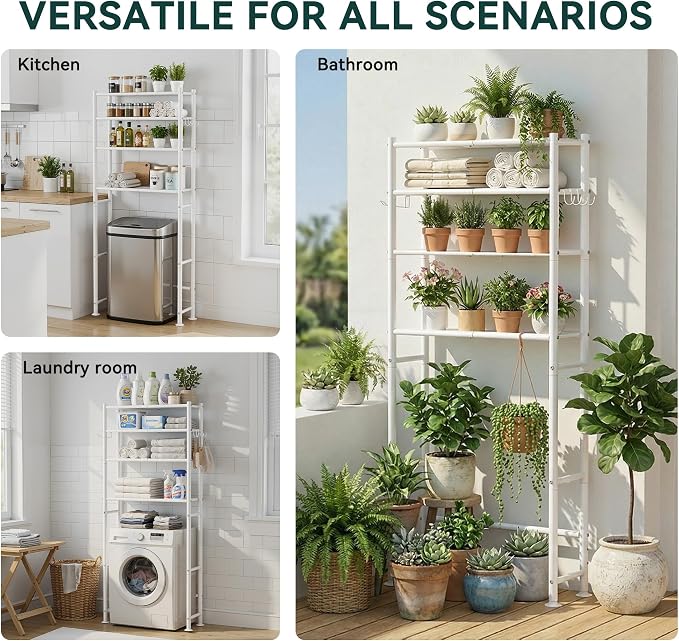 GloTika 4-Tier Over The Toilet Storage, 200lb Total Capacity Metal Bathroom Organizer with 36" Clearance, Includes Paper Holder & 4 Hooks, Space Saving Rack for Bathroom Laundry Room (64" H, White)